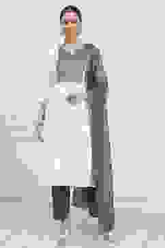 Off White Cotton Blend Schiffli Unstitched Suit Set image number 1