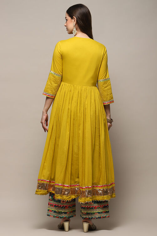 Lime Green Cambric Anarkali Kurta Palazzo Suit Set image number 5