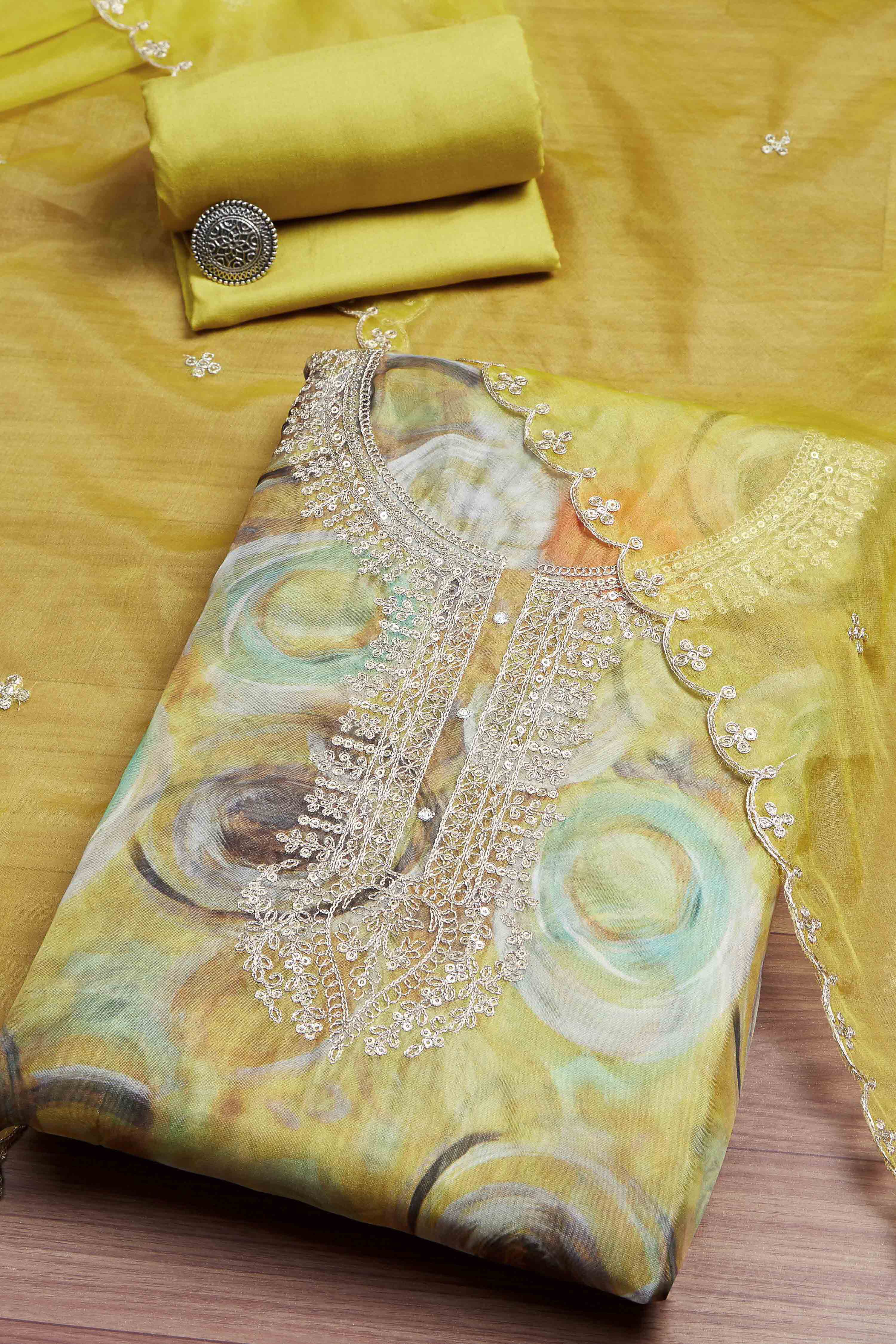 Peach-Colored Organza Rajasthani Print Unstitched Suit Set image number 0