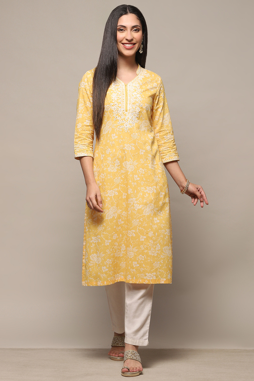Yellow Cotton Straight Kurta image number 5