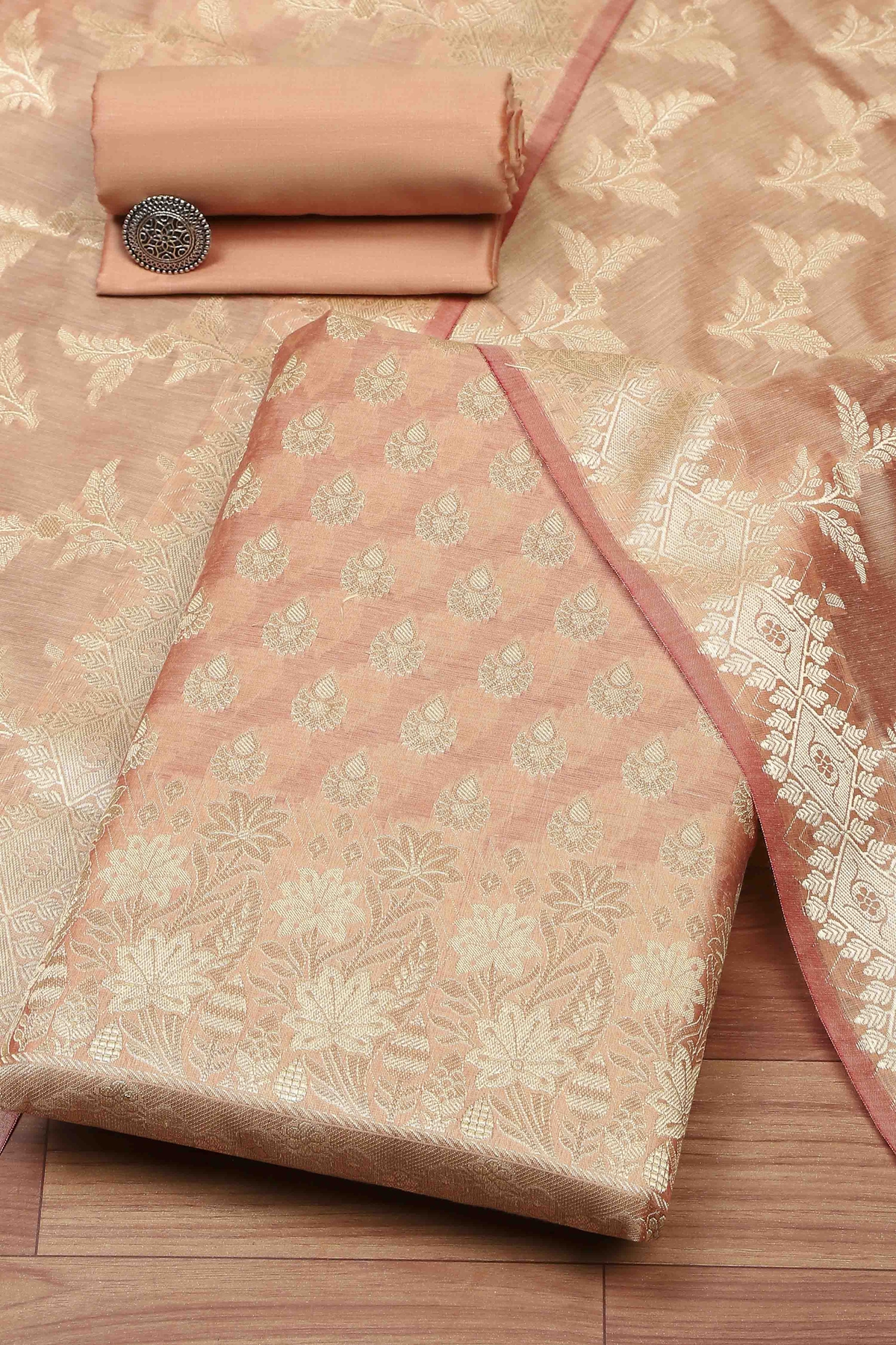 Peach Cotton Printed Embroidered Unstitched Suit Set
