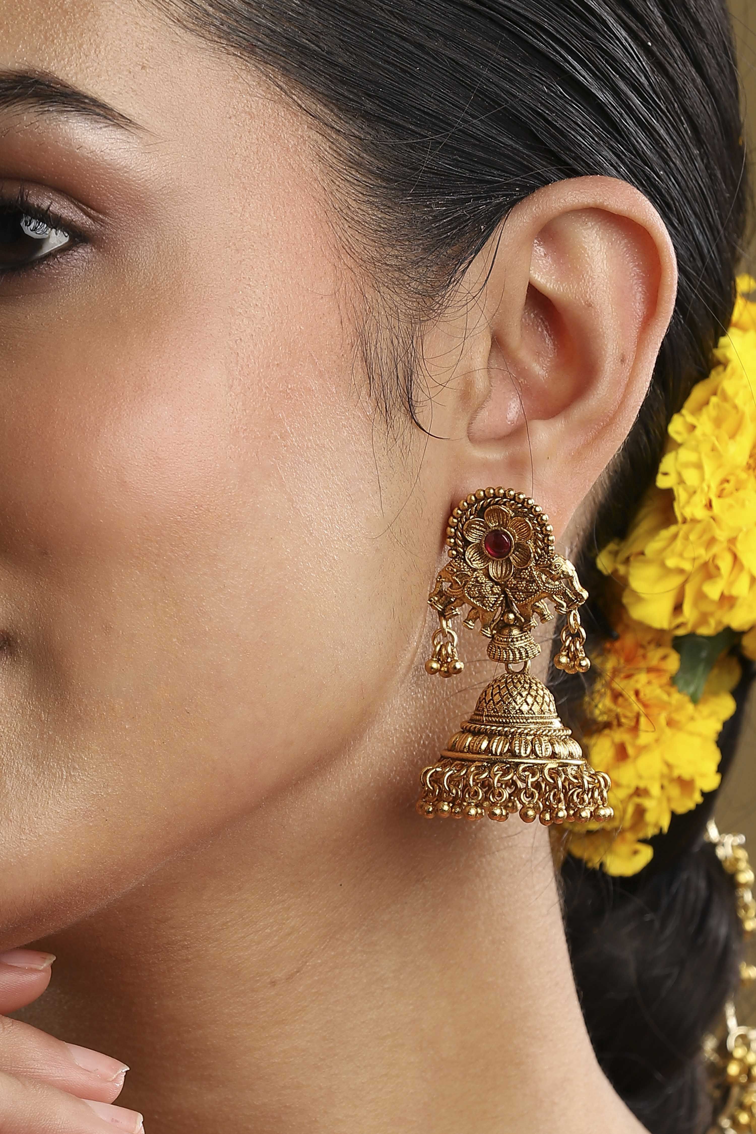 Gold Plated Brass Minimal Stone Studded Jhumkas image number 1