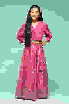 Pink Polyester Flared Printed Lehenga Set image number 6