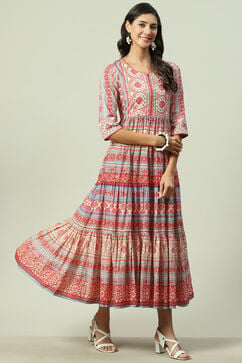 Cream Cotton Tiered Printed Dress image number 3