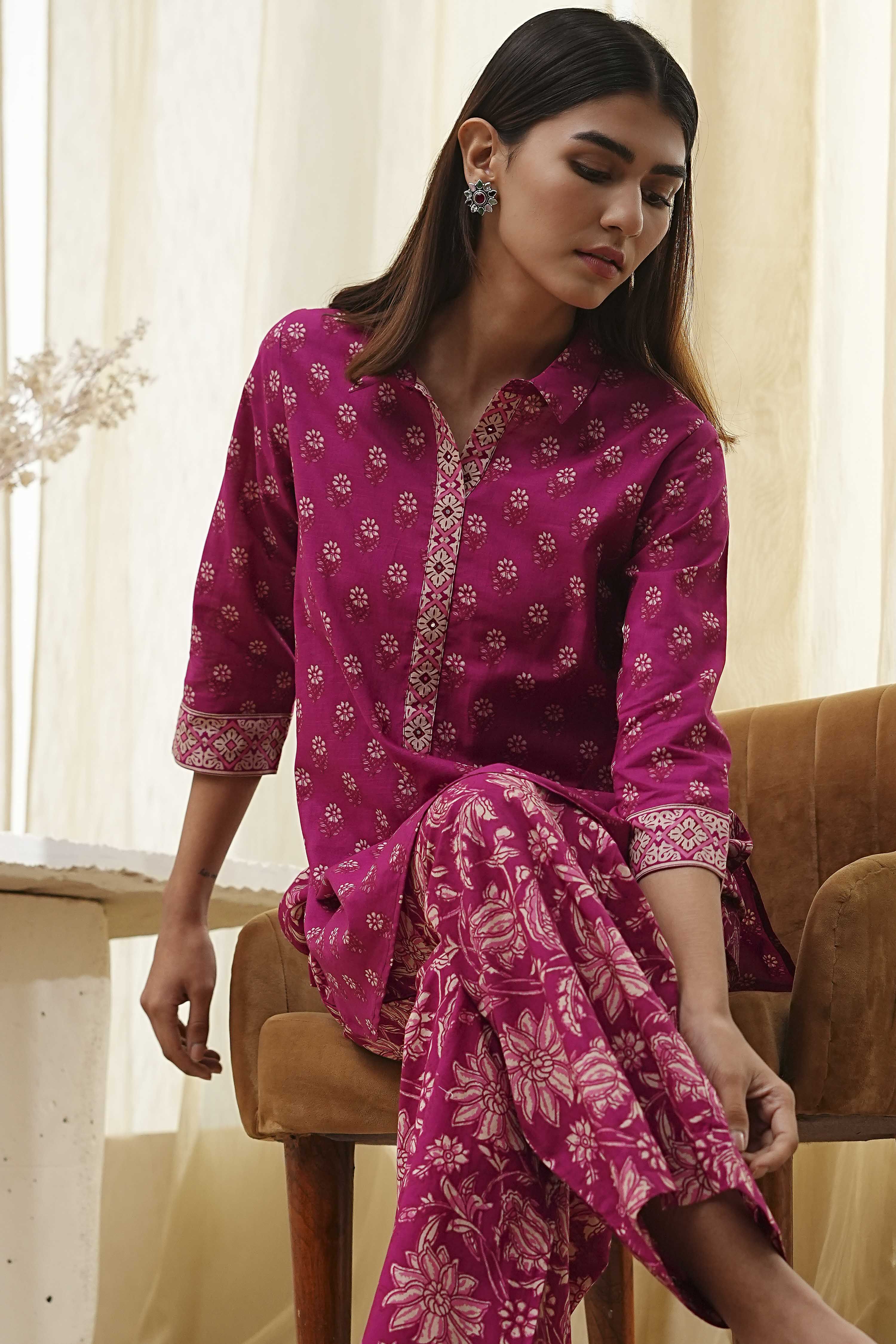 Plum Red Cotton Printed Kurta Set image number 7