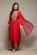Coral Red LIVA Gathered Kurta Parallel Pants Suit Set