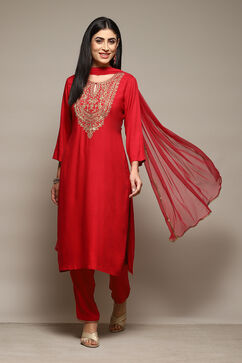 Coral Red Rayon Gathered Kurta Parallel Pants Suit Set image number 0
