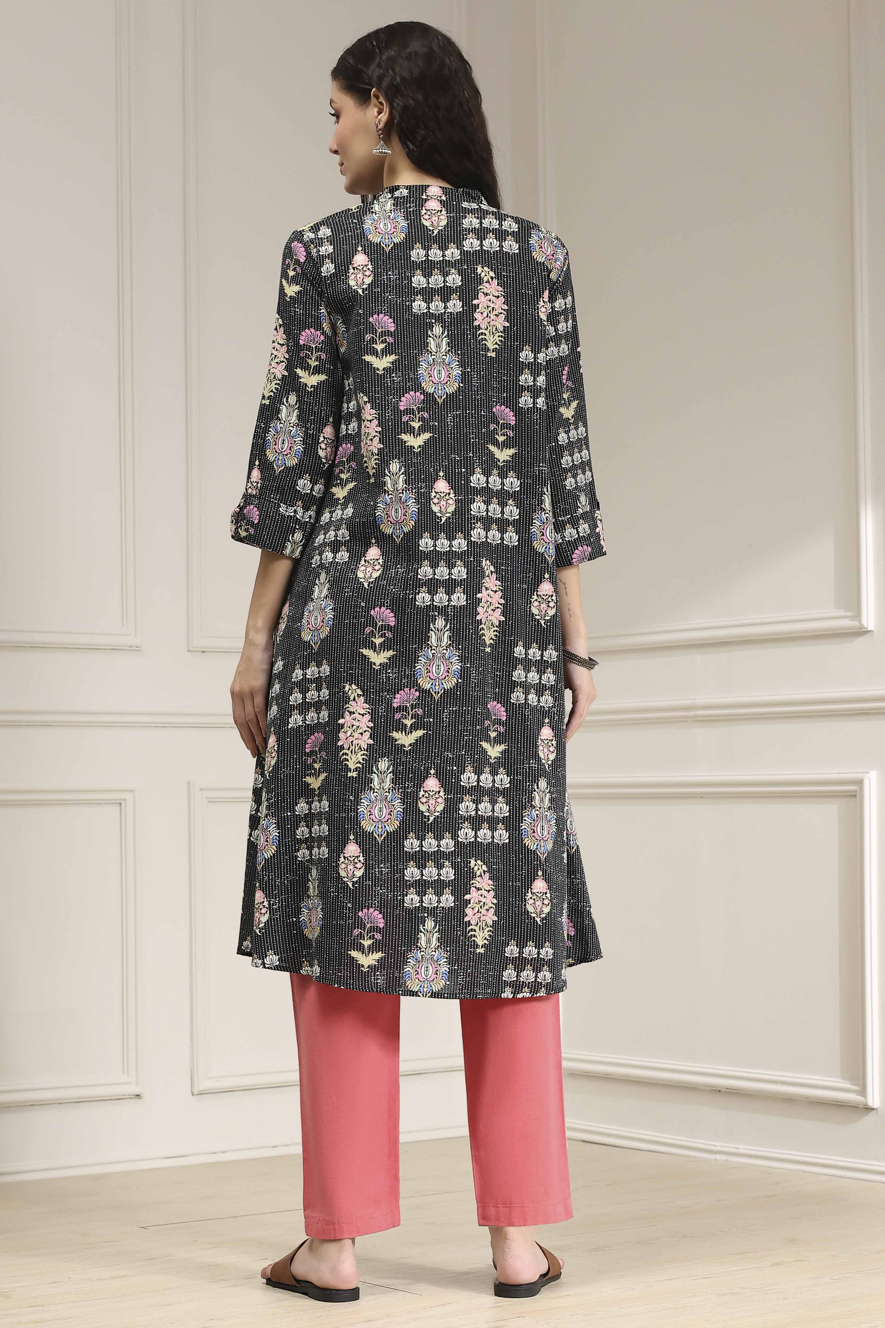 Black Cotton Printed A-Line Kurta image number 3