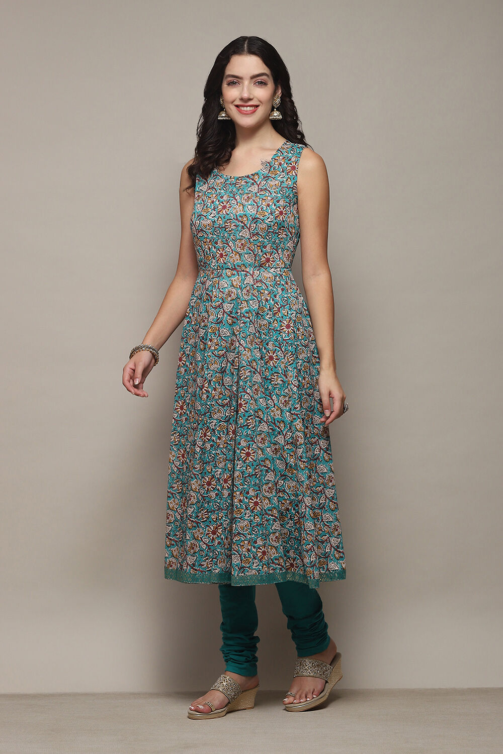 Turquoise Poly Modal Layered Printed Kurta Churidar Suit Set image number 8