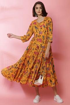 Mustard Cotton Fusion Dress image number 4