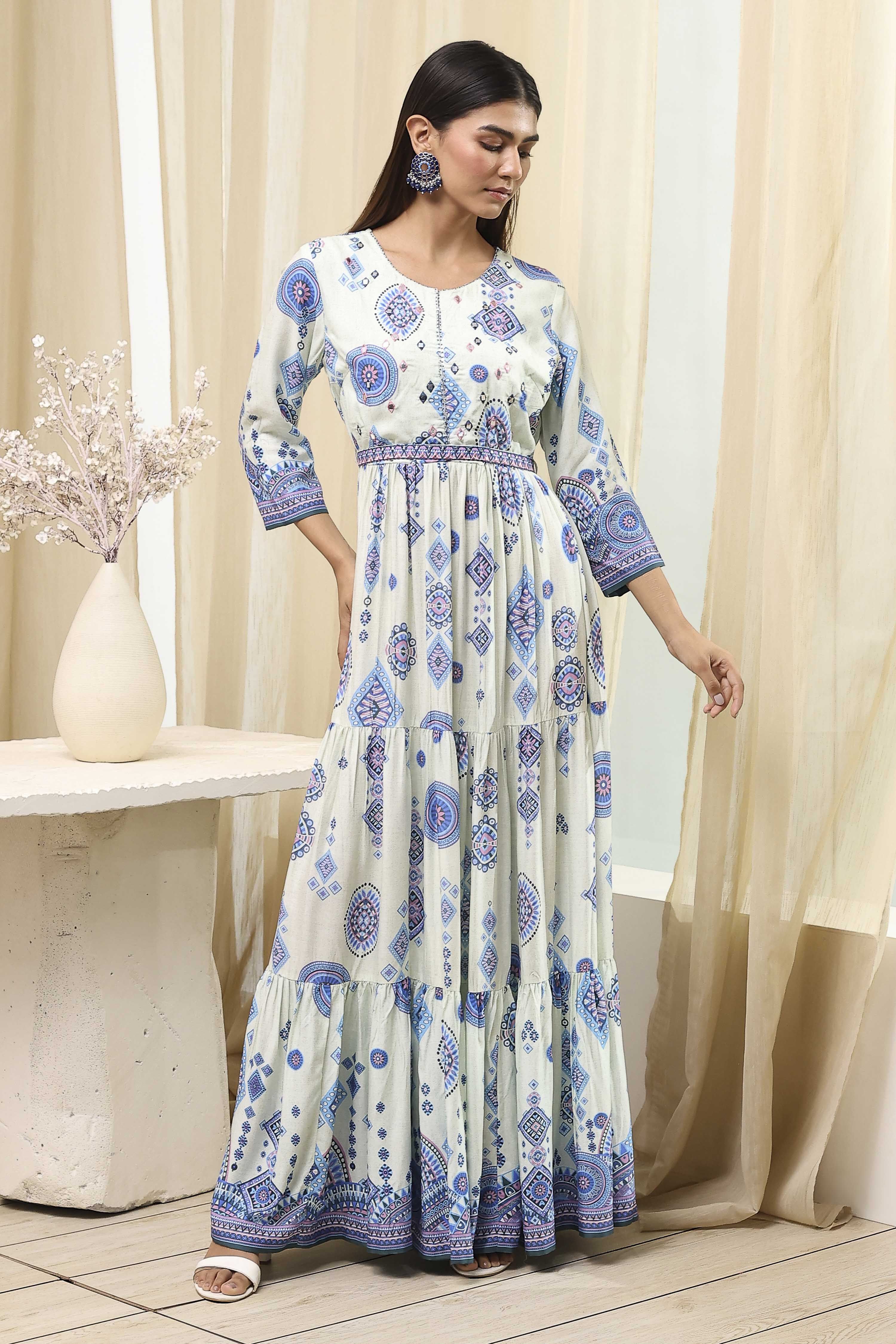 Ecru and Blue Printed Tiered Dress image number 5
