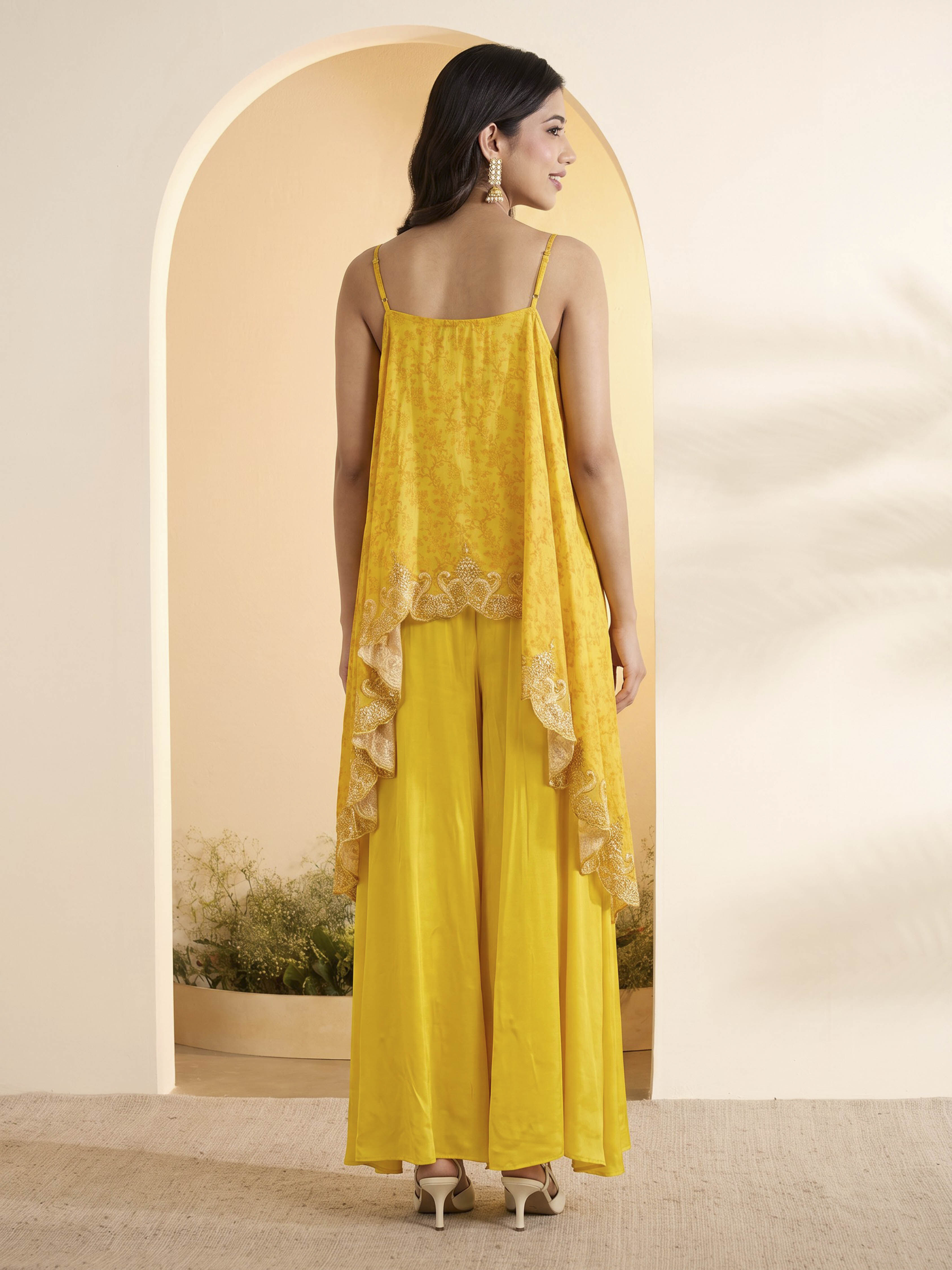 Yellow Modal Satin Asymmetric Suit Set image number 4