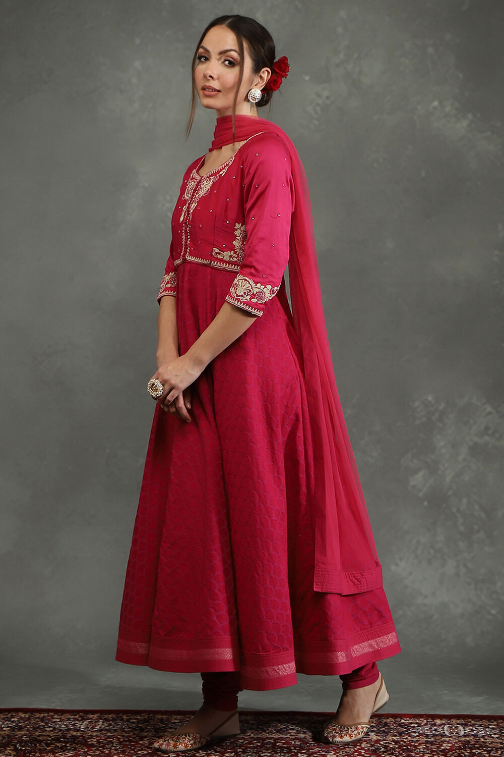 Pink Silk Chanderi Floral Anarkali Suit Set image number 6