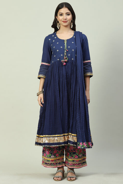 Blue Cotton Anarkali Kurta Palazzo Suit Set image number 8