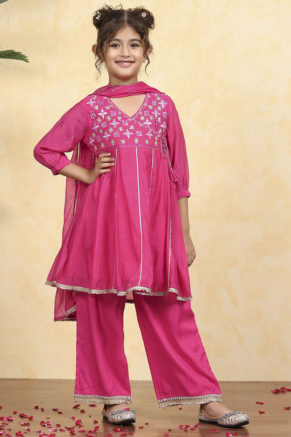 Pink Polyester Solid Kalidar Suit Set image number 6