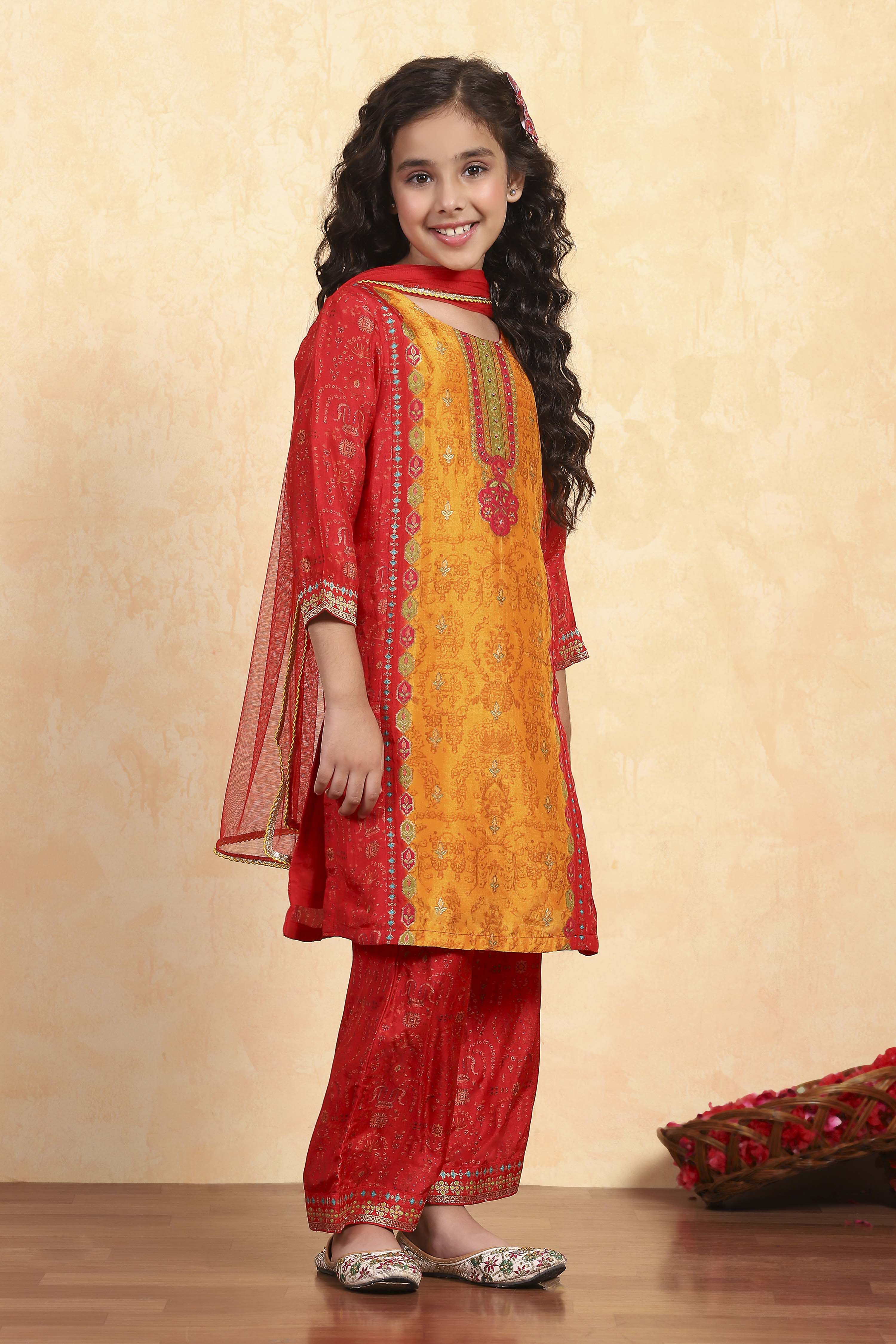 Mustard Yellow and Red Printed Straight Suit Set image number 5