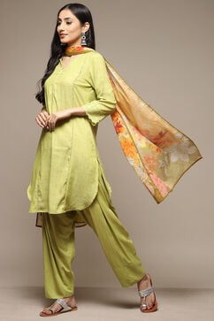 Green Cotton Blend A-Line Kurta Salwar Suit Set image number 0