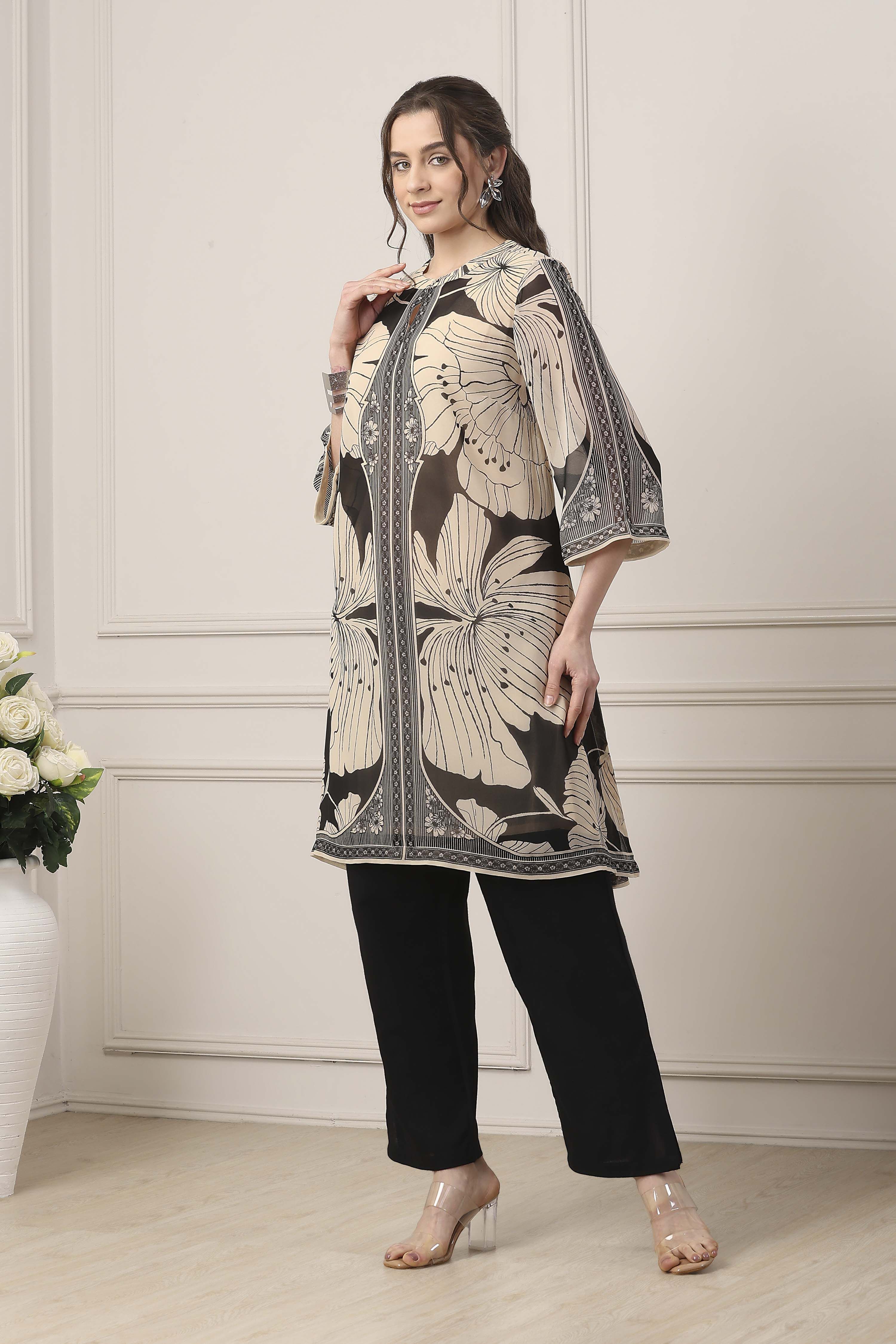 Beige & Black Poly Georgette Floral Kurta image number 2