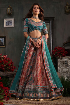 Turquoise Hand Embroidered Flared Lehenga Set image number 0