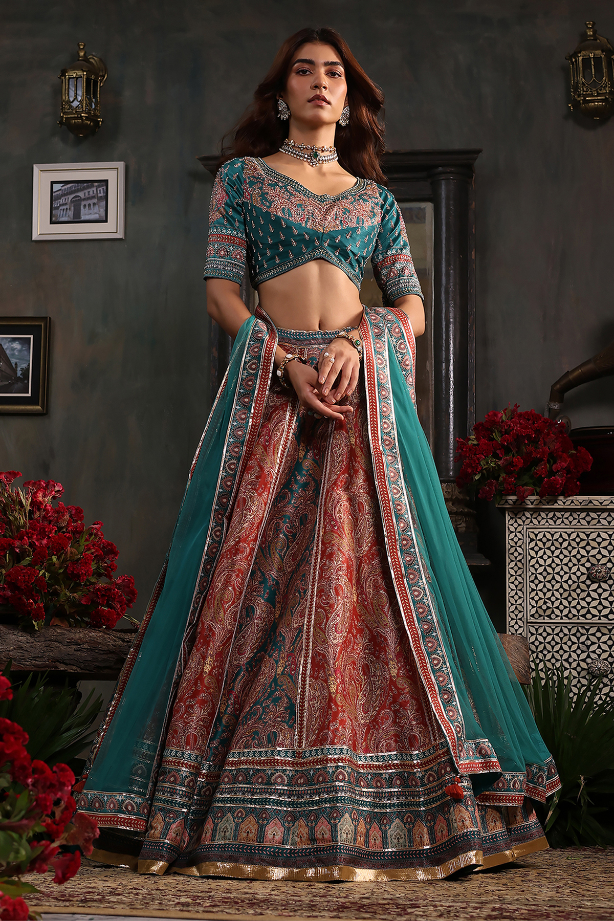 Turquoise Hand Embroidered Flared Lehenga Set