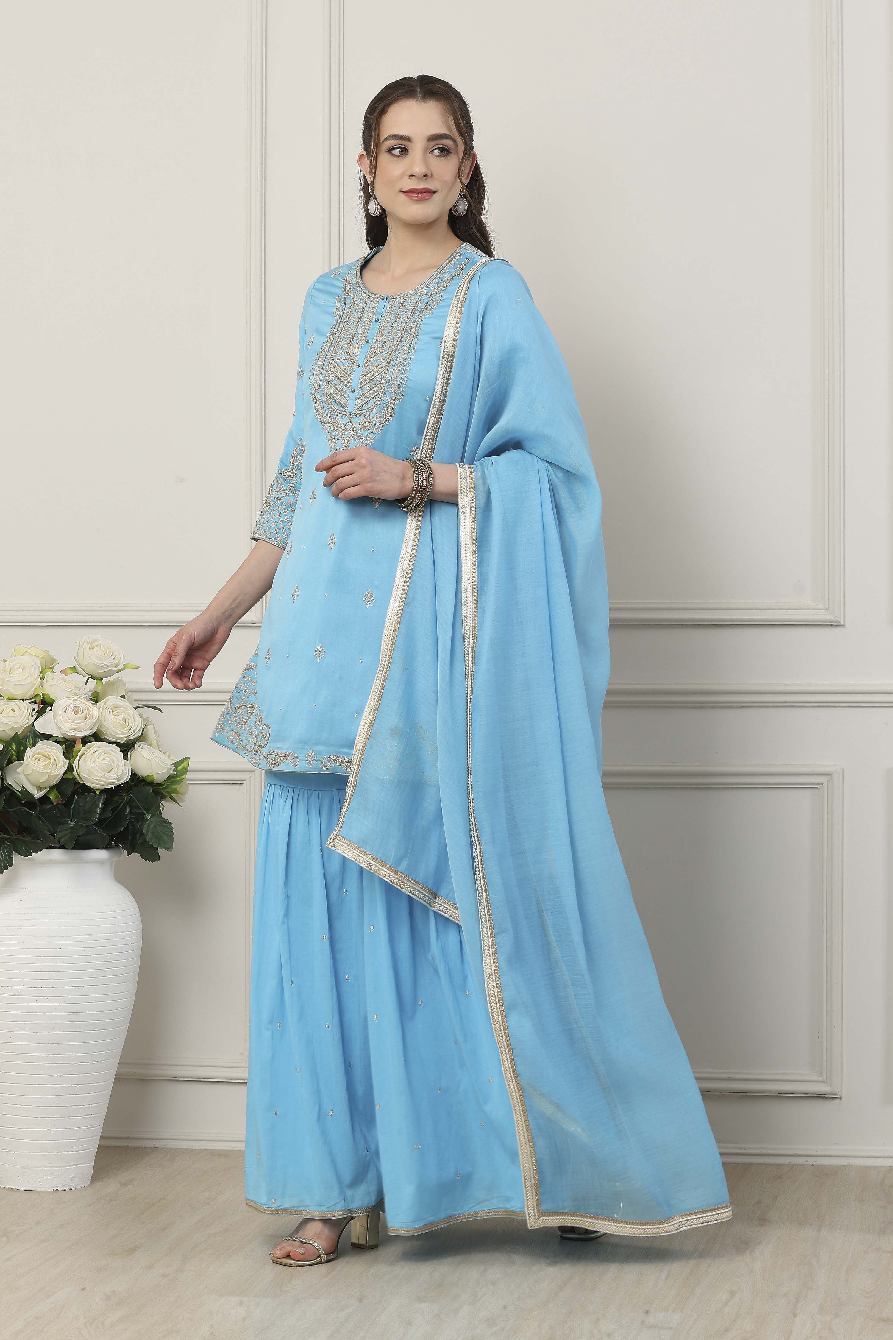 Yellow Silk Chanderi Sequin Embroidered Straight Suit Set image number 3