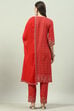 Red Cotton Straight Kurta Relaxed Pants Suit Set image number 4