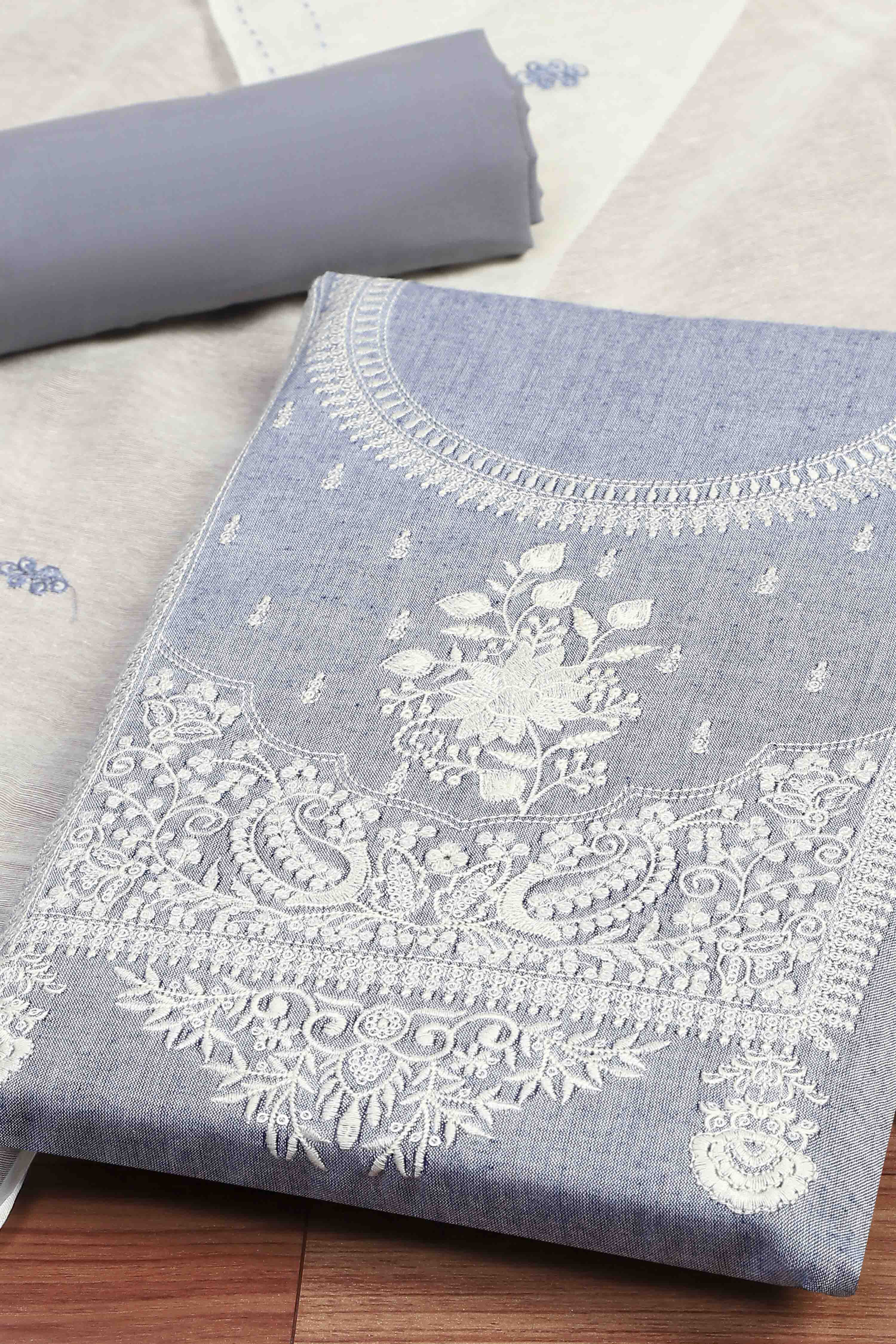 Blue Cotton Printed Unstitched Kurta Set image number 1