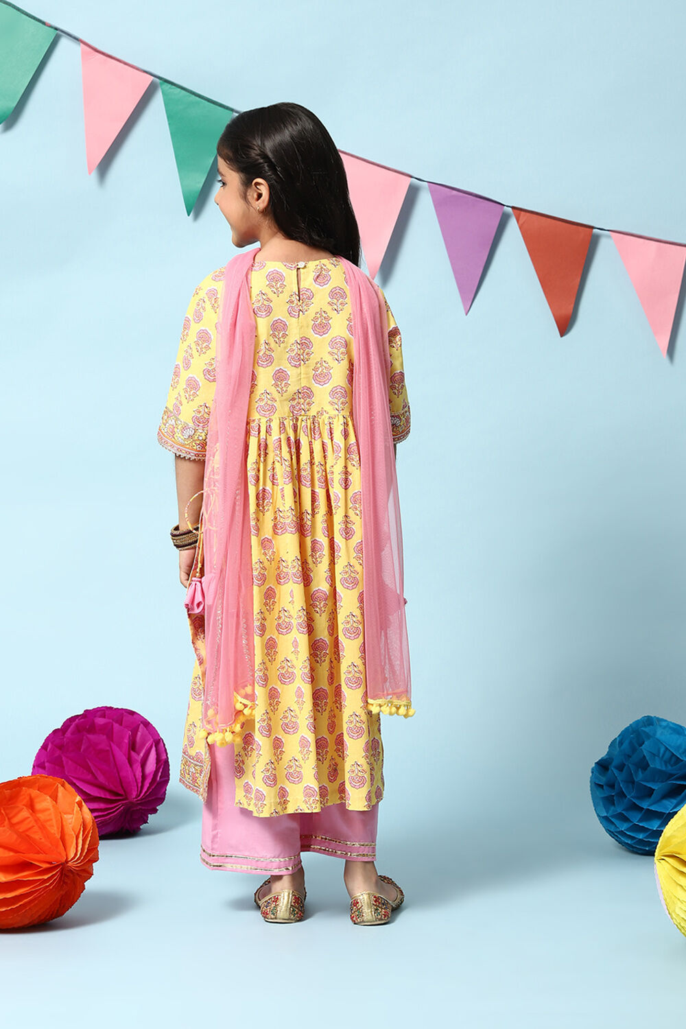 Yellow Cotton Flared Kurta Straight Palazzo Suit Set image number 4