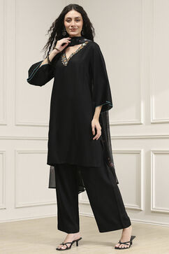 Black Solid Relaxed Straight Suit Set image number 3