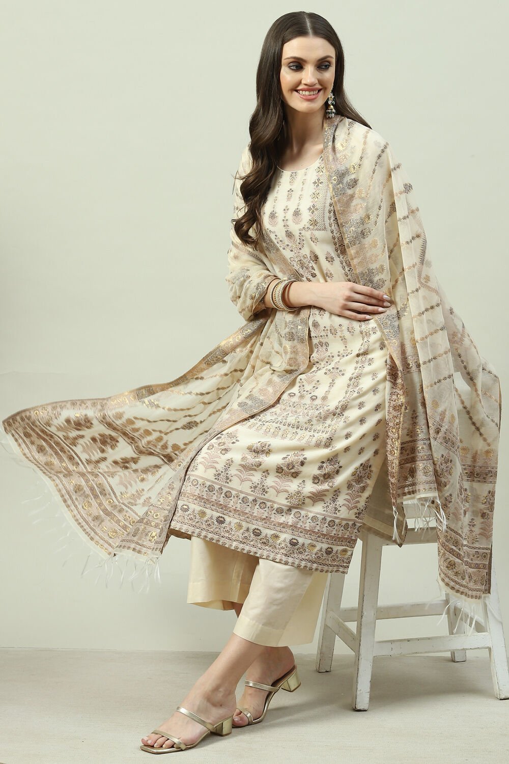 Ecru Art Silk Straight Kurta Palazzo Suit Set