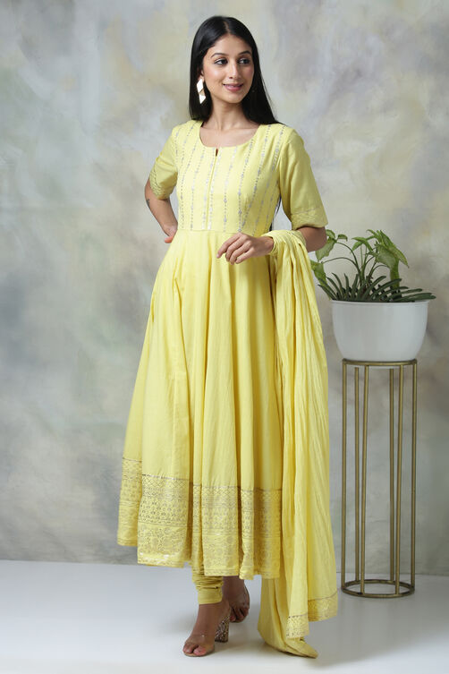 Yellow Cotton Anarkali Suit image number 1