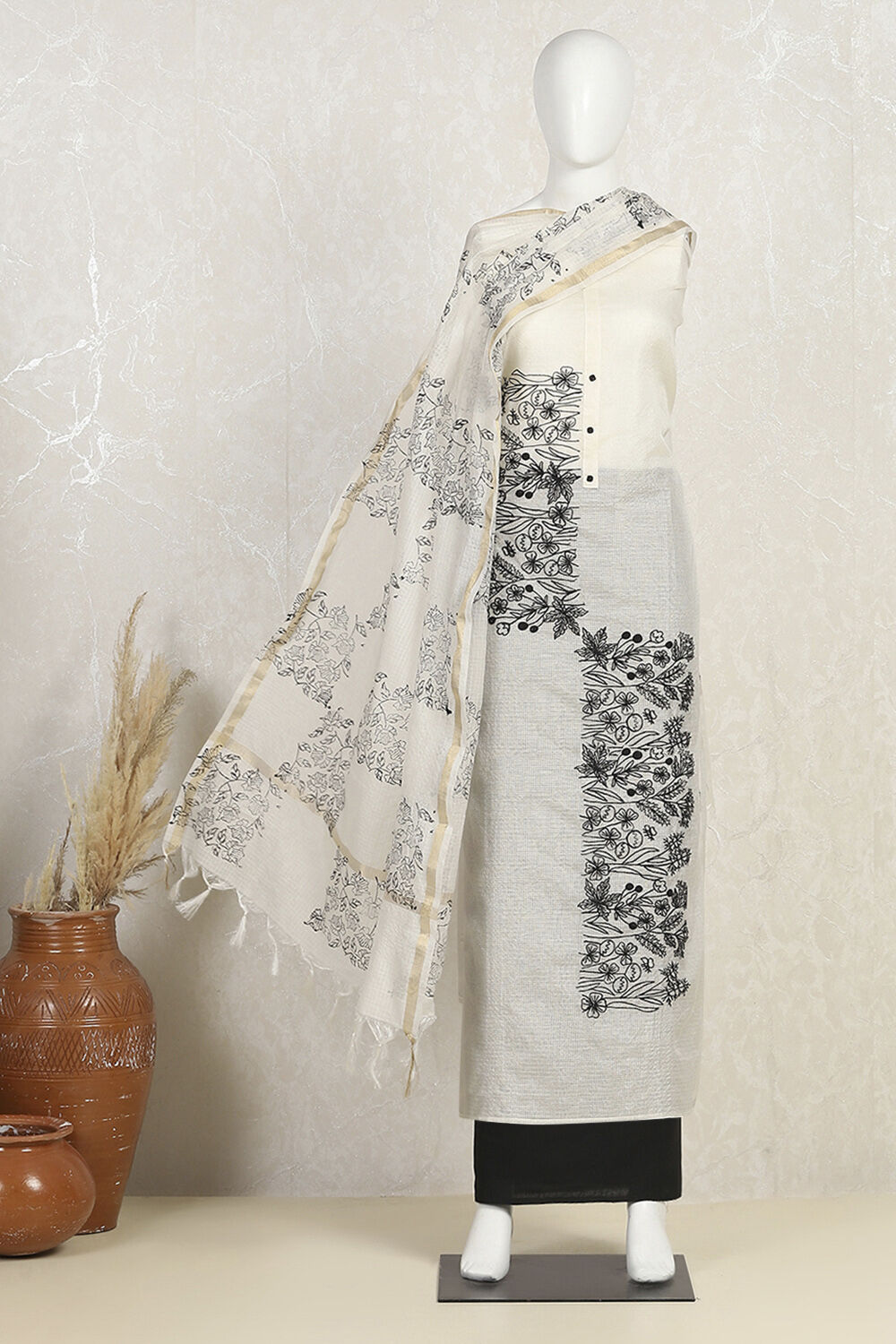 Off White Cotton Machine Embroidered Unstitched Suit Set image number 4