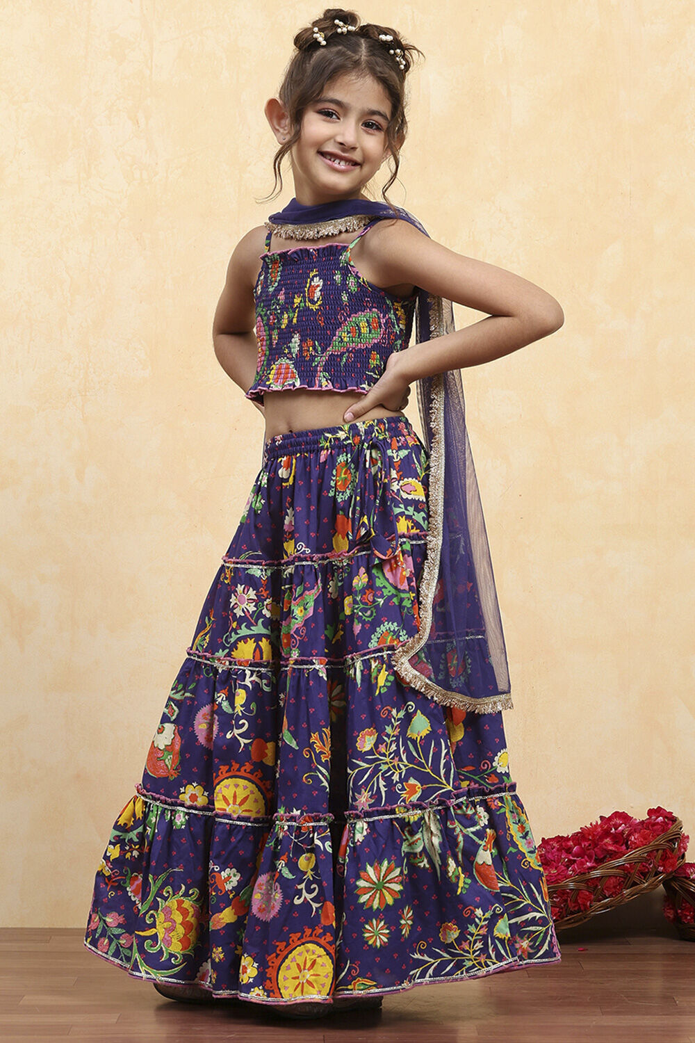 Purple Cotton Printed Tiered Lehenga Set image number 3