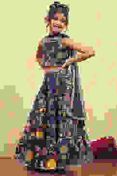 Purple Cotton Printed Tiered Lehenga Set image number 3