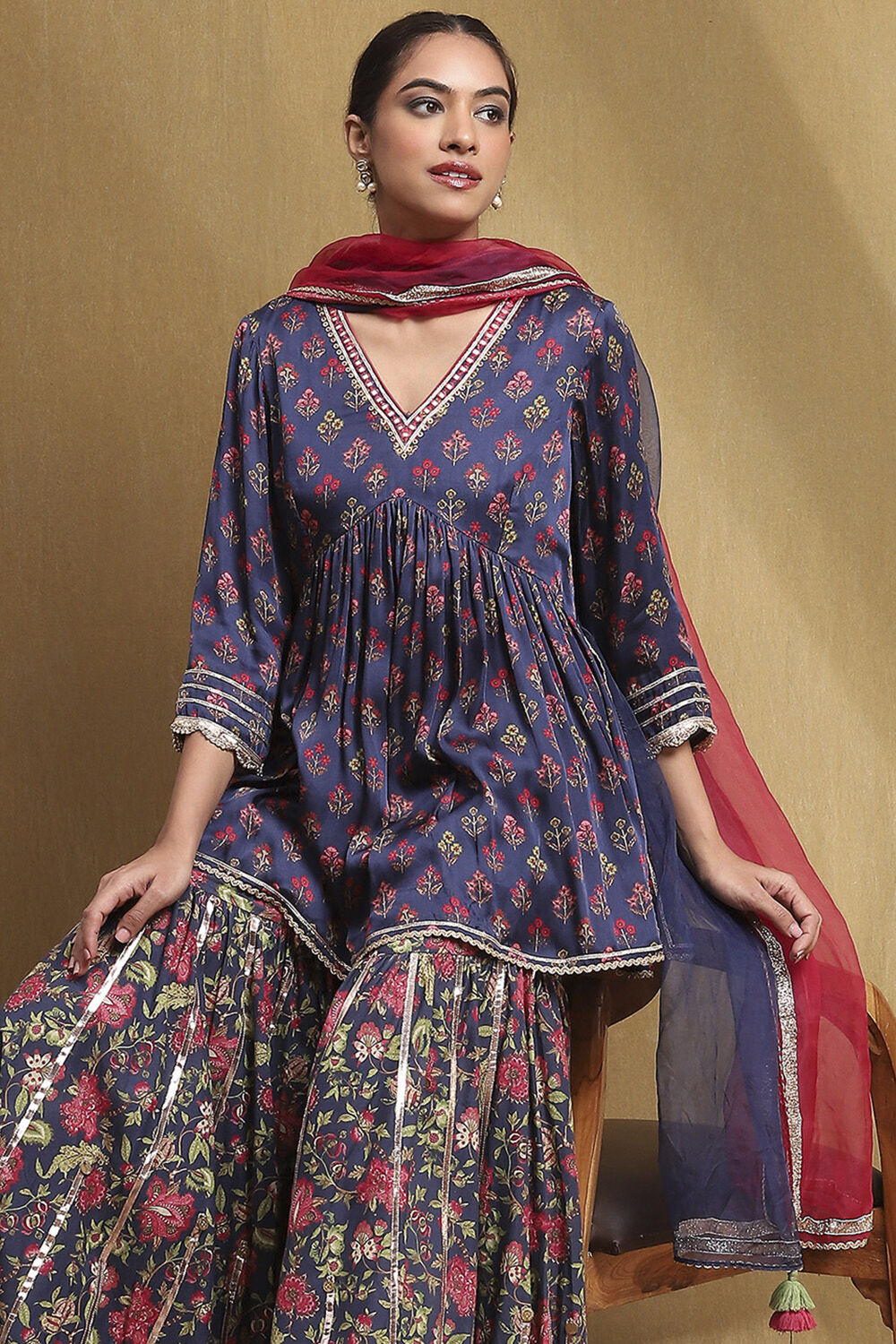 Navy Blue Viscose Floral Peplum Suit Set image number 0