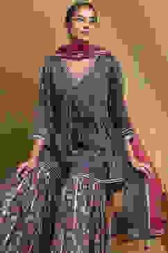 Navy Blue Viscose Floral Peplum Suit Set image number 0