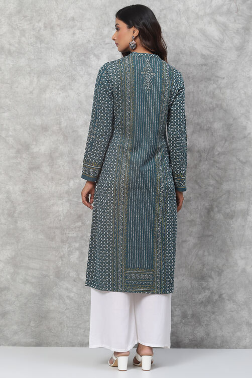 Teal Straight Poly Metallic Kurta image number 4