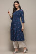 Navy Blue Cotton Printed Yard-Dyed Straight Kurta image number 2