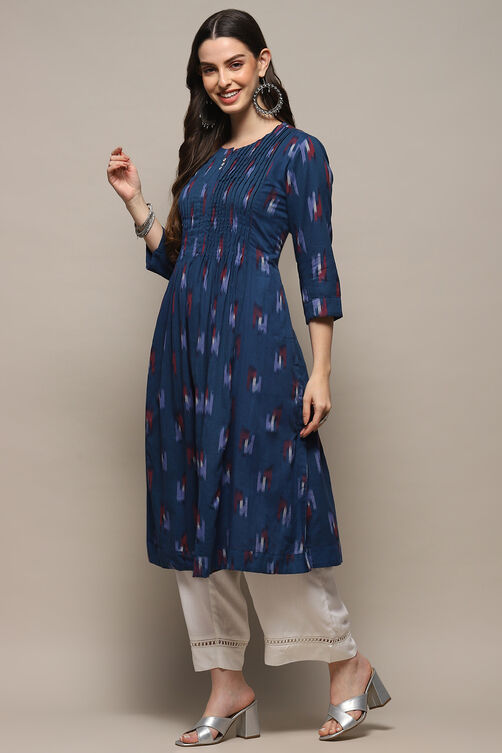 Navy Blue Cotton Printed Yard-Dyed Straight Kurta image number 2