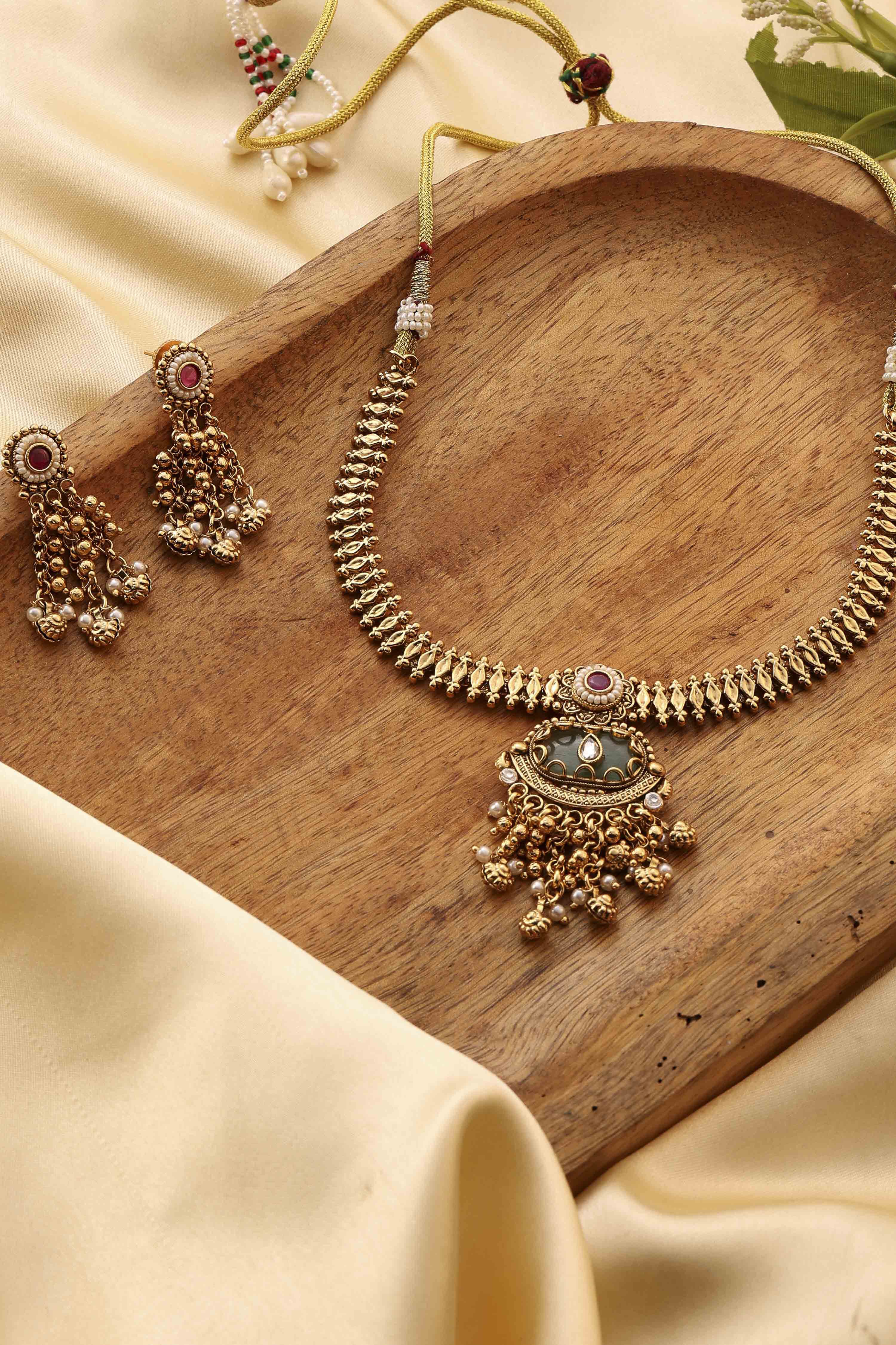 Mint Green Gold-Plated Brass Necklace Set image number 0