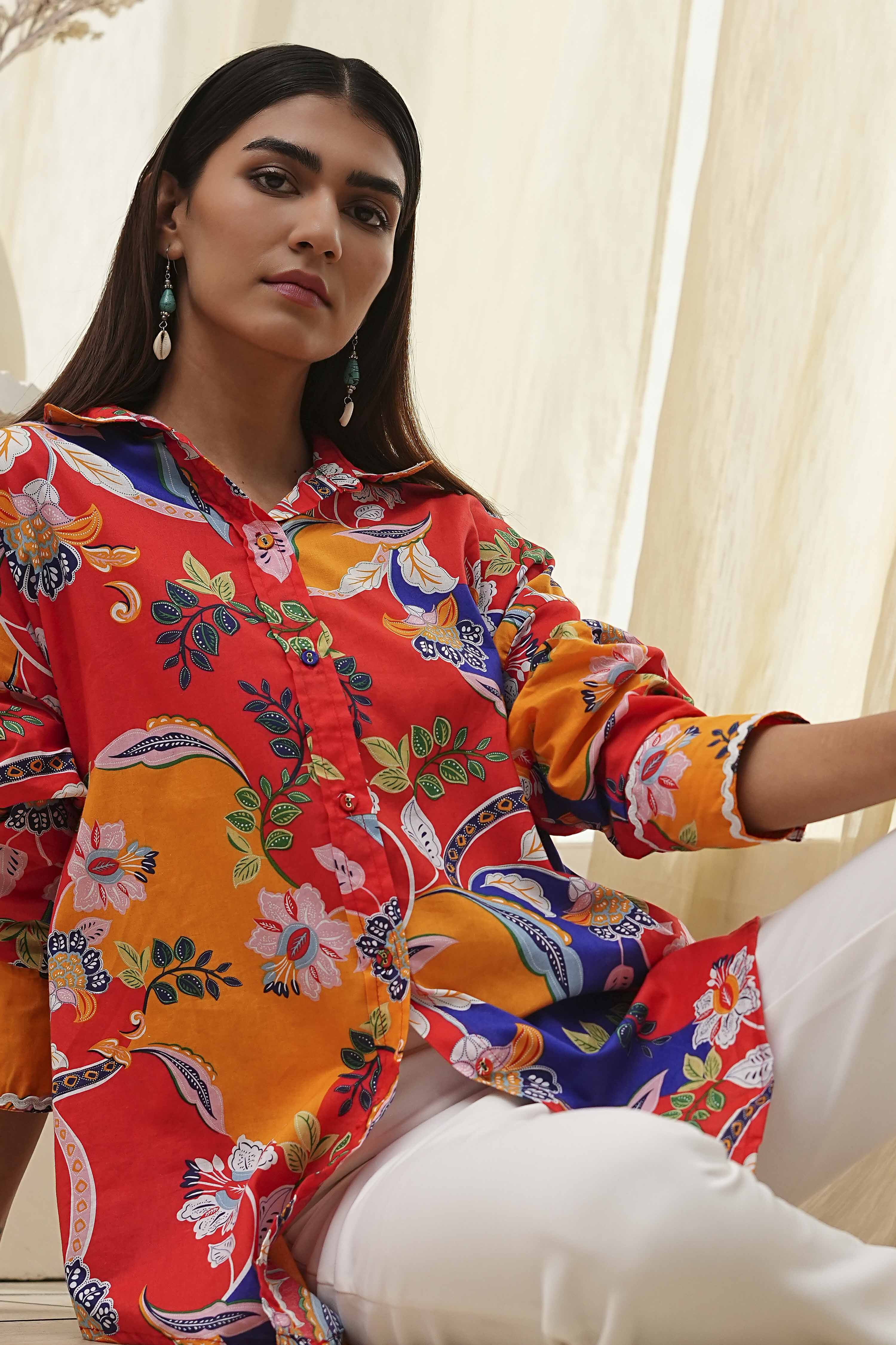 Orange Cotton Floral High-Low Shirt image number 1