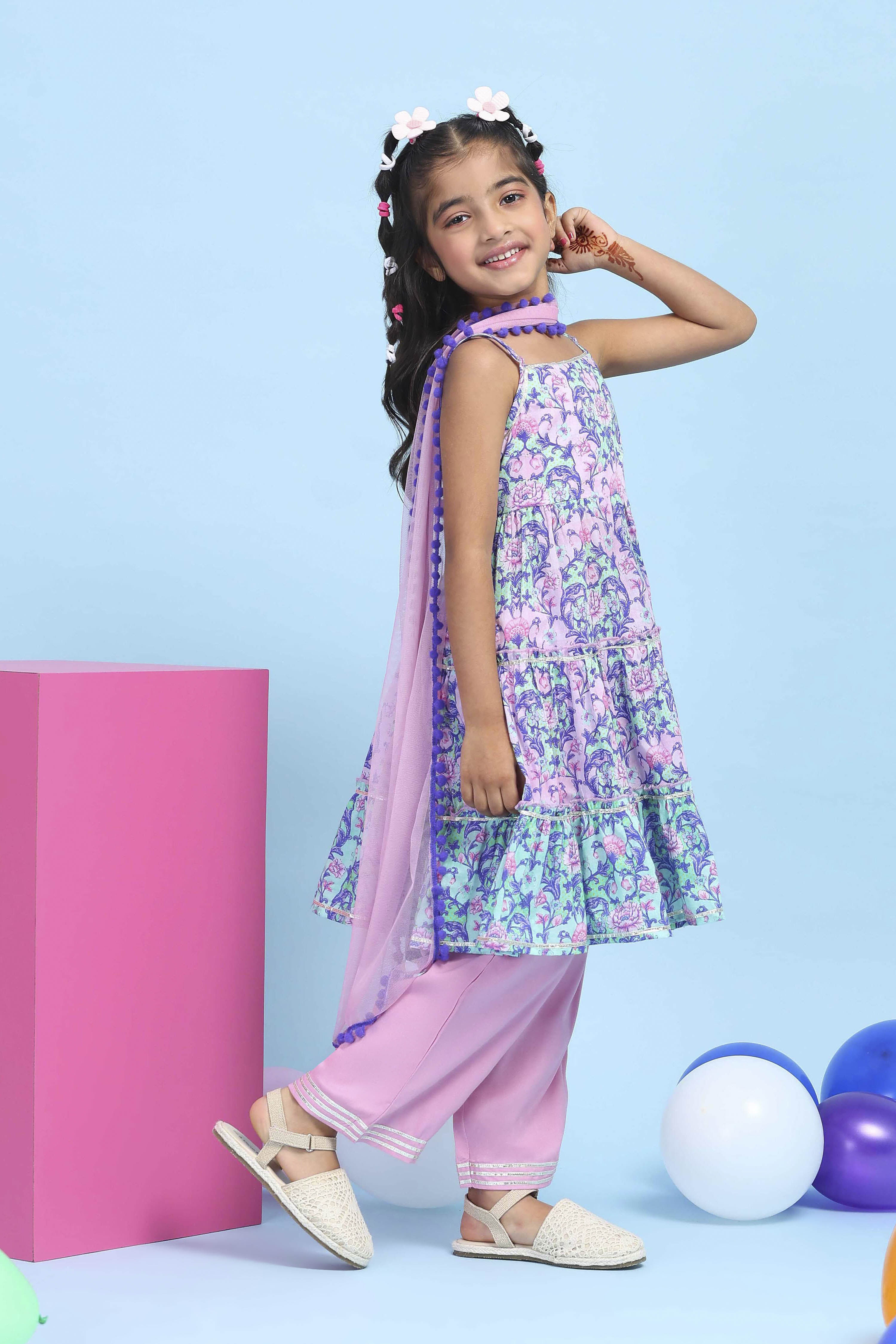 Pink Cotton Printed Tiered Suit Set image number 5