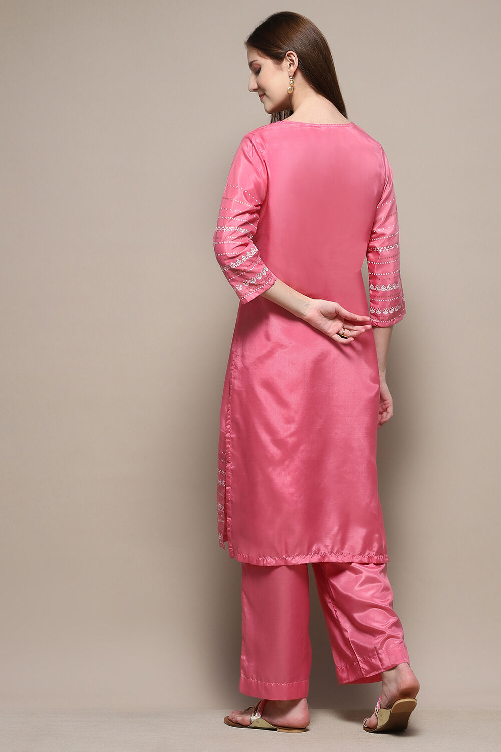 Pink Cotton Blend Straight Kurta Palazzo Suit Set image number 4