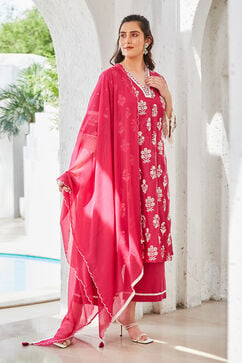 Fuschia Polyester Straight Suit Set image number 5