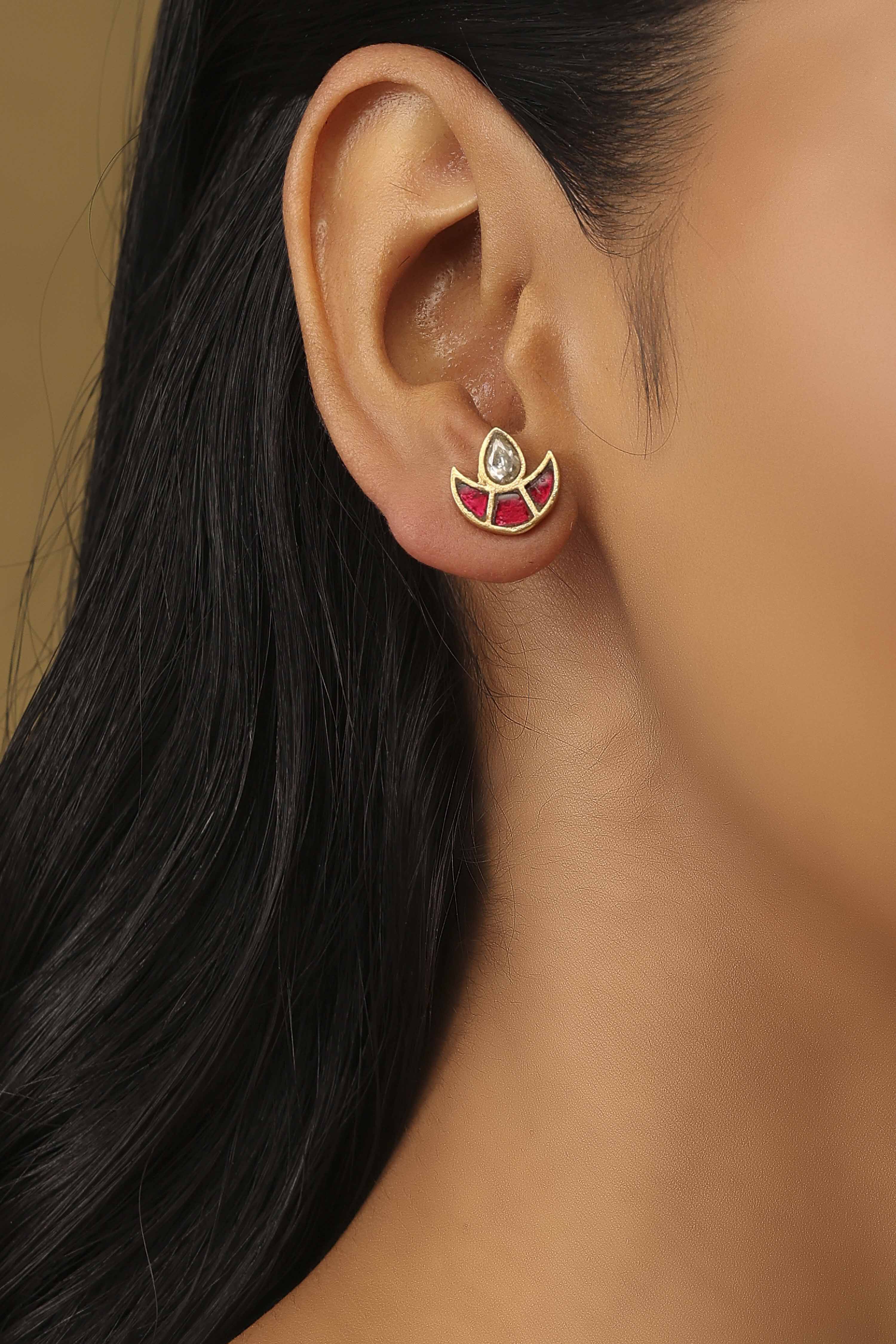 Red & Gold Toned Brass Crescent Motif Stud Earrings image number 1