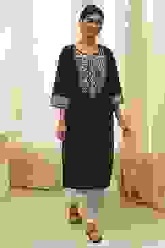 Black Pure Cotton Embroidered Straight Kurta image number 5