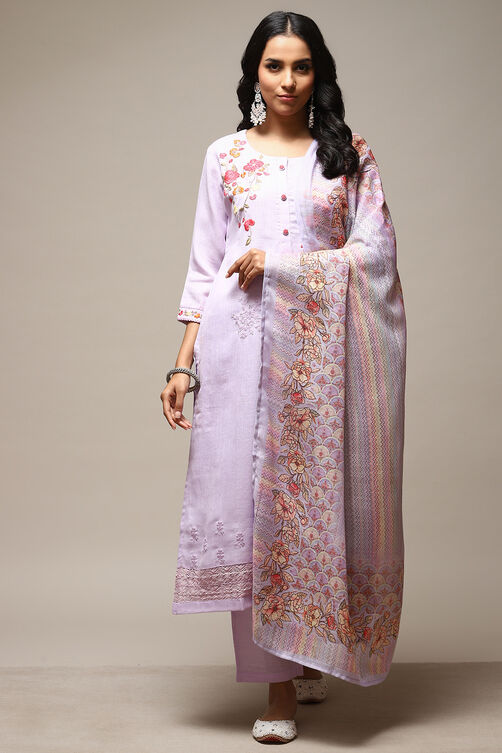Lavender Linen Machine Embroidered Unstitched Suit Set image number 14