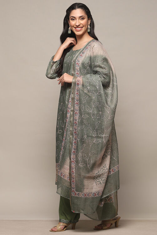 Olive Chanderi Unstitched Suit set image number 5