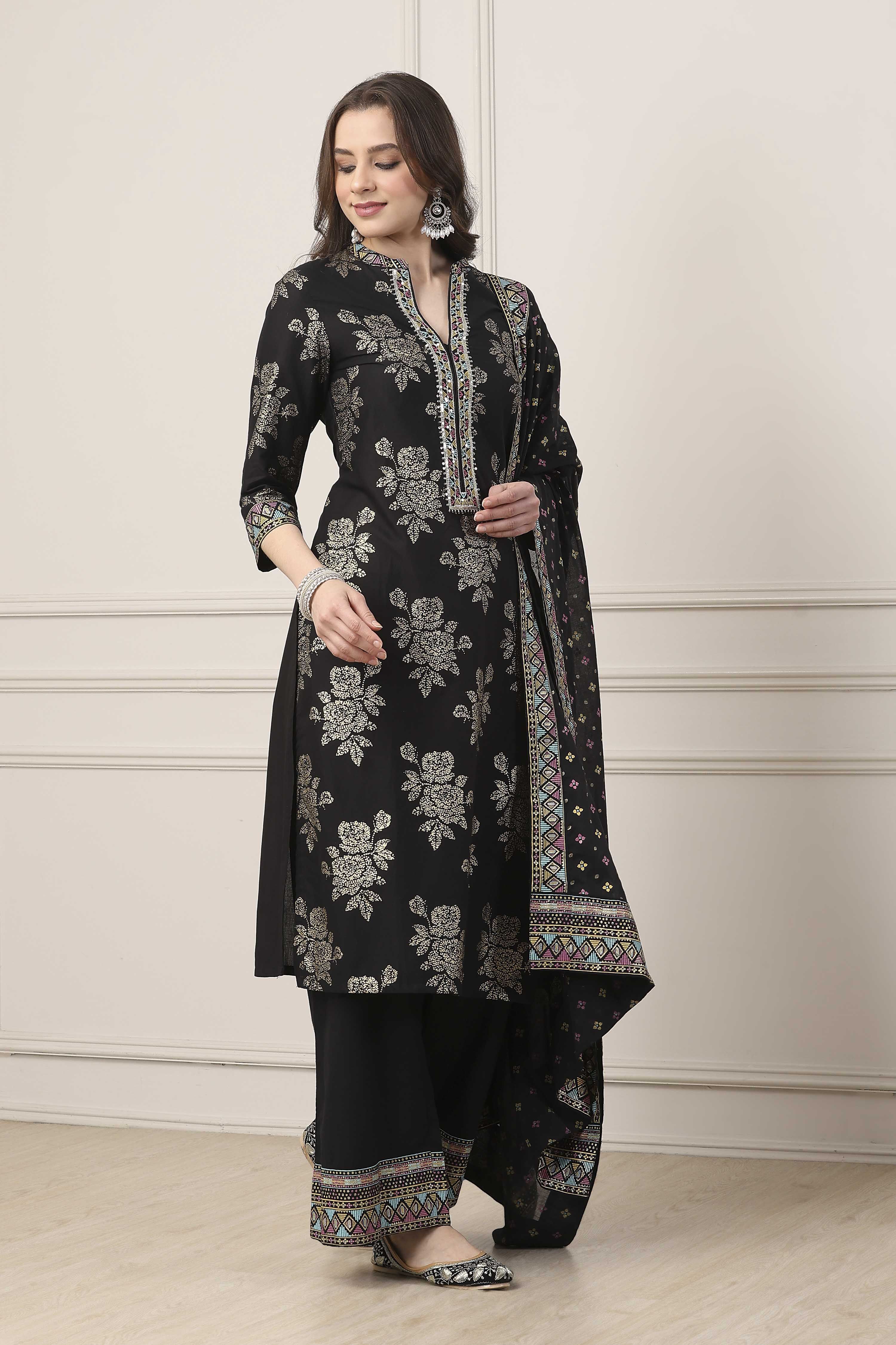 Black Cotton Straight Kurta Palazzo Suit Set image number 5