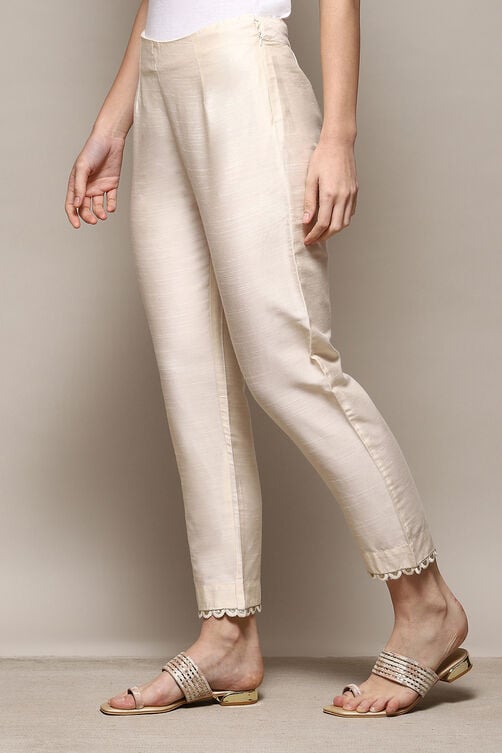 Cream Polyester Slim Yarndyed Pants image number 2